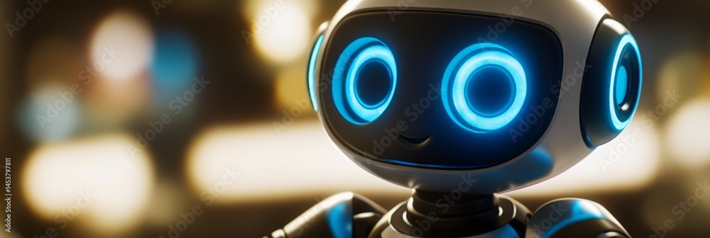 A robot with blue eyes and a white face. The robot is smiling and has a blue light on its head