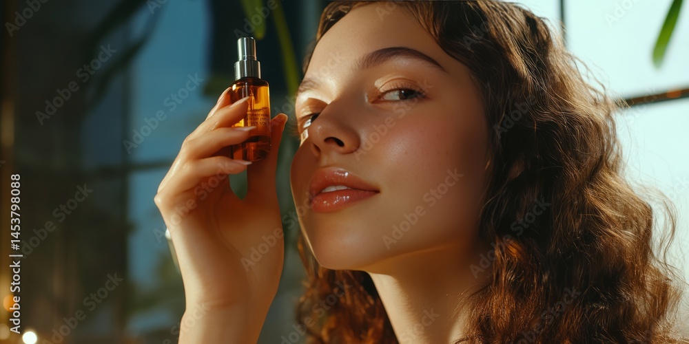 A young woman applying perfume to her wrist, with a look of contemplation on her face. She has red hair and is wearing a simple top.