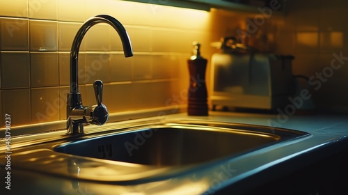 Obraz na płótnie This is an image of a kitchen with yellow tile and a stainless steel sink. w salonie