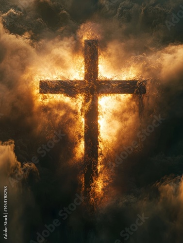 Obraz na płótnie A cross standing in the center of a fire, symbolizing faith and struggle against adversity. w salonie