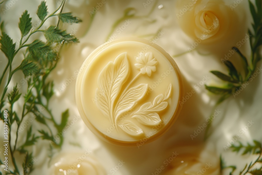 A handcrafted soap with a flower etched into the top, resting on green foliage.