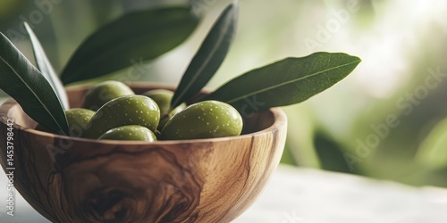 Obraz na płótnie A fresh bowl of green olives and branches, ready for culinary use or as a decorative piece. w salonie