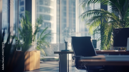 A spacious, modern office with natural lighting and a high-rise city view.