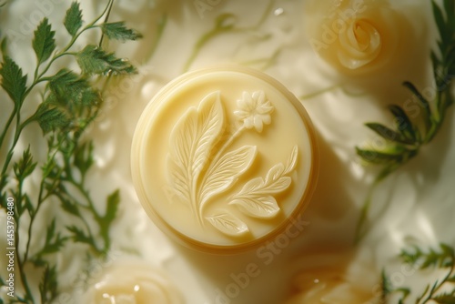 Obraz na płótnie A handcrafted soap with a flower etched into the top, resting on green foliage. w salonie