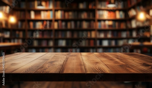 Wooden table in a library setting.  Bookshelves in the background are filled with various books