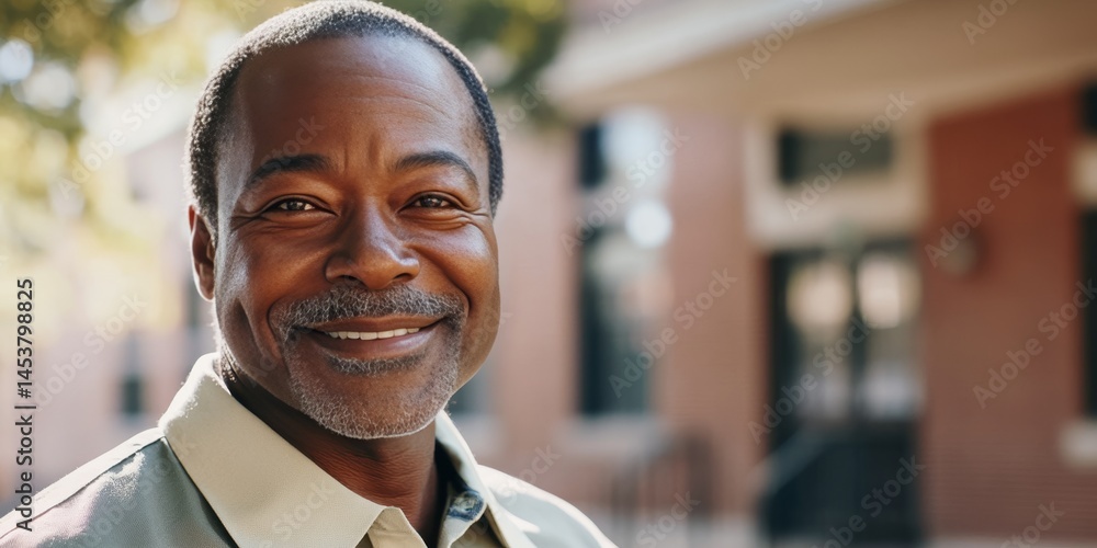 An older man with facial hair, smiling at the camera. He is outdoors in front of a brick building.