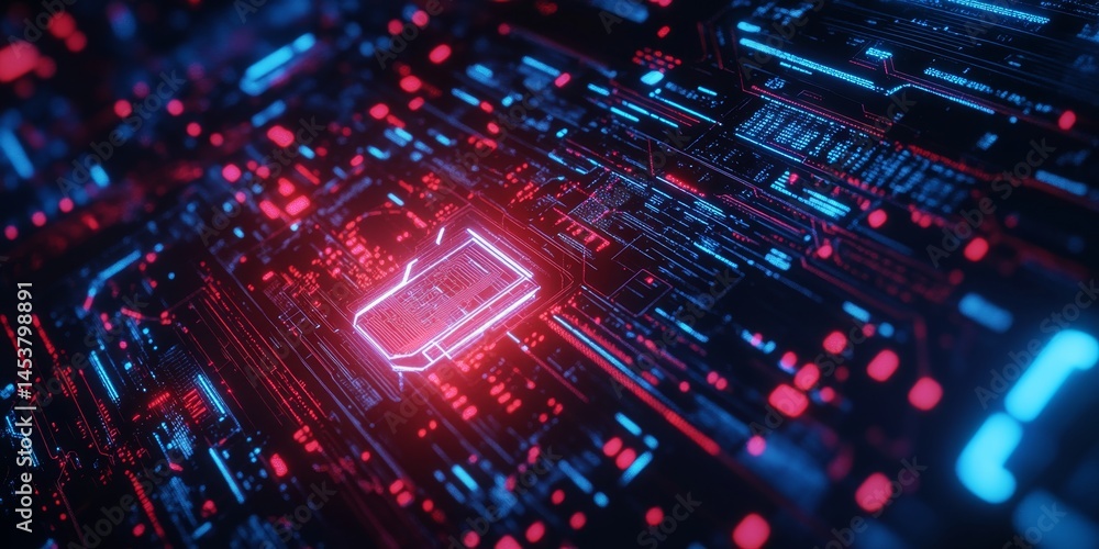Illustrative artwork with circuitry theme featuring red and blue lights against a dark background.