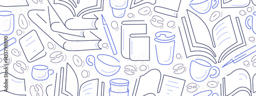 Books and cafe. Line art seamless pattern. Vector