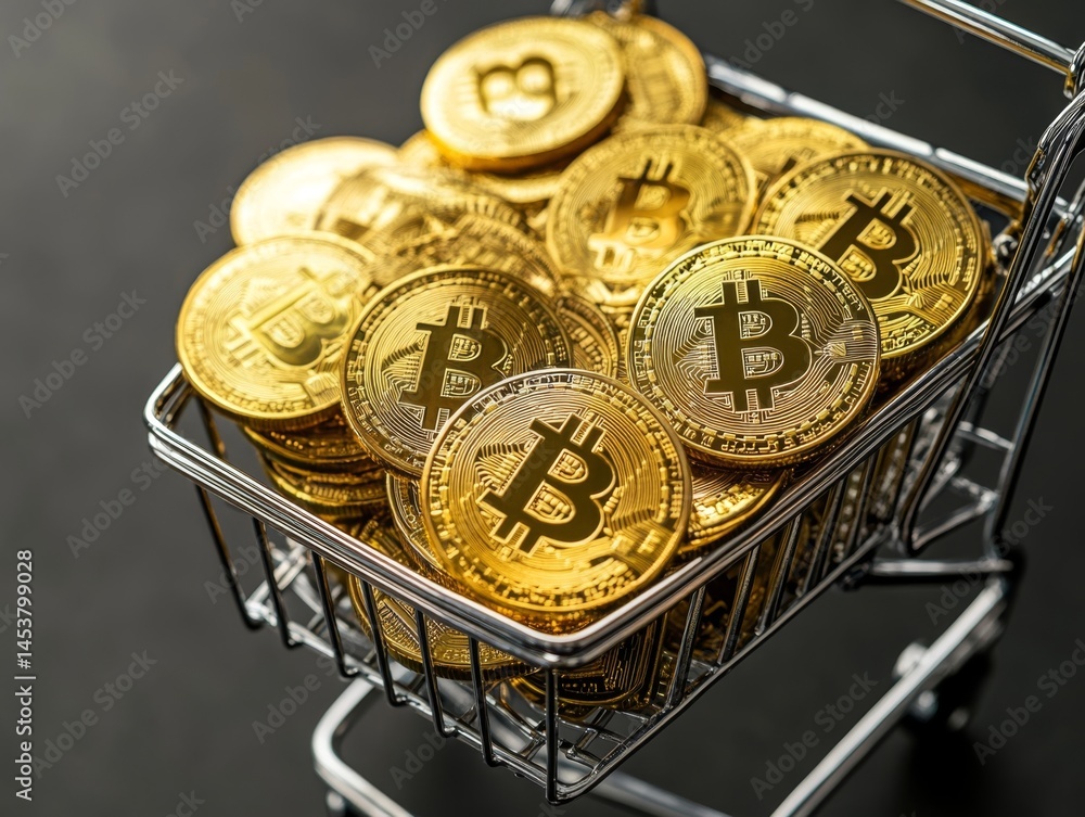 A metal shopping cart filled with golden Bitcoin coins representing the value and wealth associated with cryptocurrency transactions.