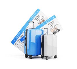 Air plane tickets and suitcases, pair of plane boarding pass and pair of suitcase. Travel or tourism concept