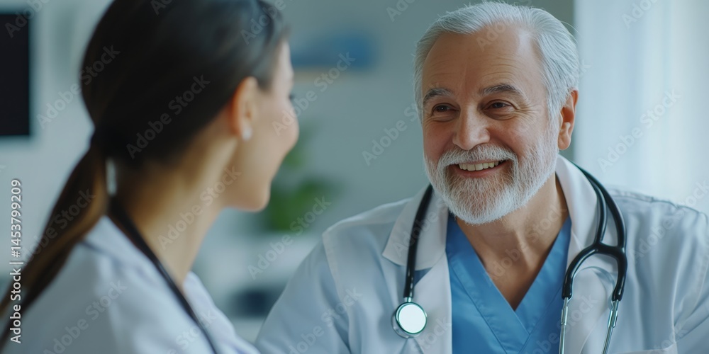 A doctor and a nurse in conversation during a healthcare consultation. Medical professionals discussing patient's care and treatment options.
