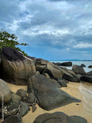 secluded beach with big rocks in Thailand. No people, relax, Nayang beach