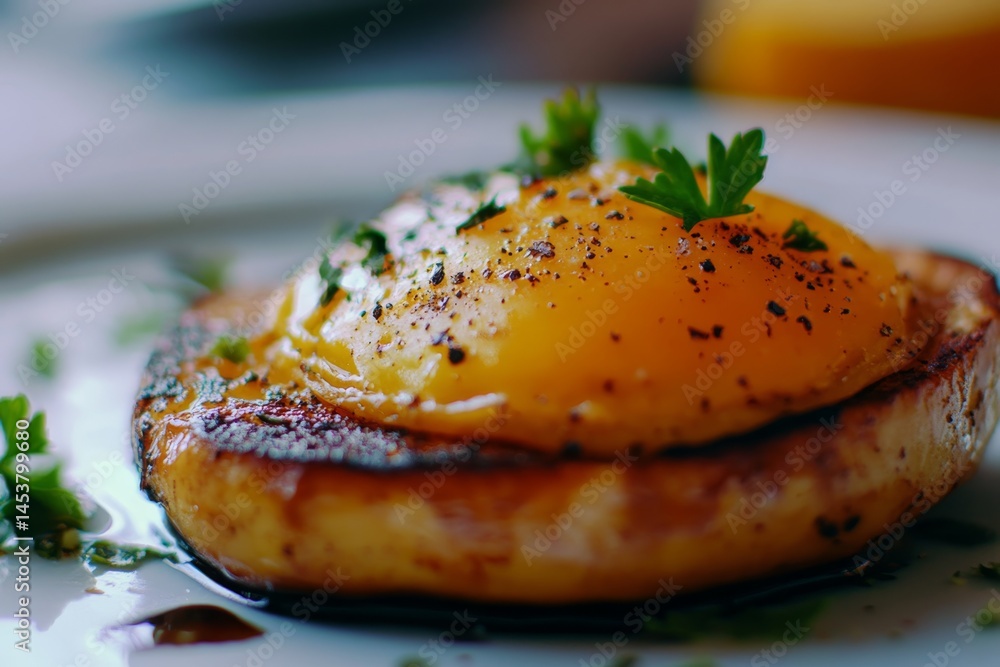 A fried egg with parsley on top of a white plate. The egg is cooked and has a crispy texture. The parsley adds a pop of color and freshness to the dish. Scene is appetizing and inviting
