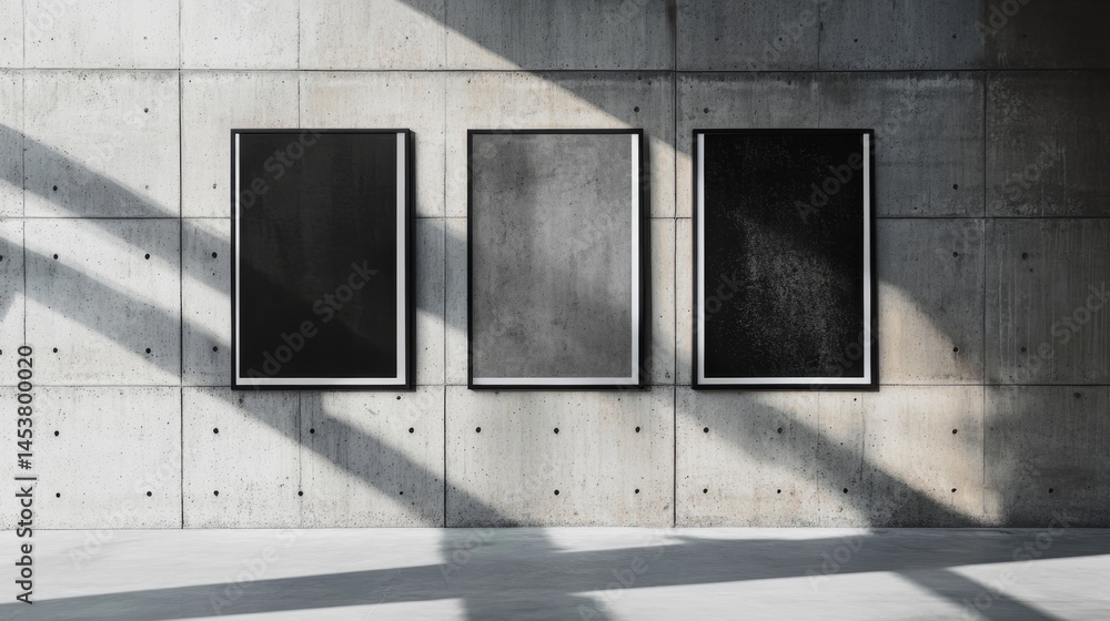 Three black and white framed pictures are hanging on a wall. The frames are all the same size and shape, and the pictures are all black and white. Scene is minimalist and modern, with the black