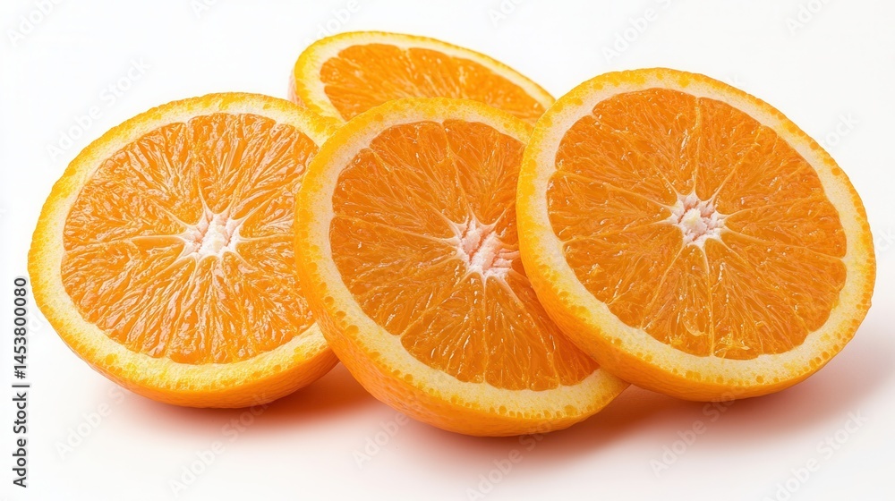 Freshly sliced oranges arranged on a white background showcasing their vibrant color and juicy interiors Freshly sliced oranges arranged on a white background showcasing their vibrant color and juicy interiors