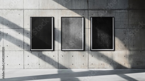 Obraz na płótnie Three black and white framed pictures are hanging on a wall. The frames are all the same size and shape, and the pictures are all black and white. Scene is minimalist and modern, with the black w salonie