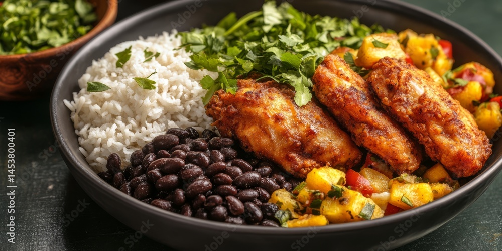 Mouth-watering Mexican dishes served with white rice and beans, topped with spices and colorful garnishes.