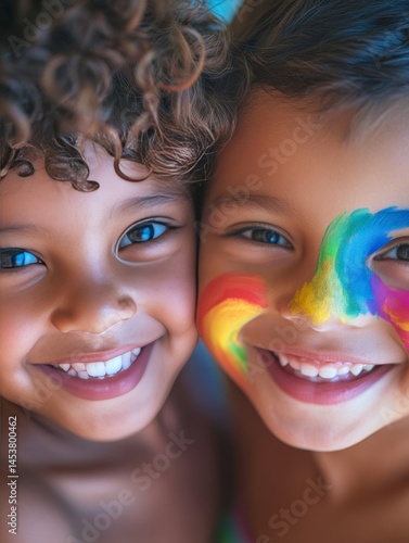 Two children enjoying a day at the beach. They are smiling and appear to be having a great time together.