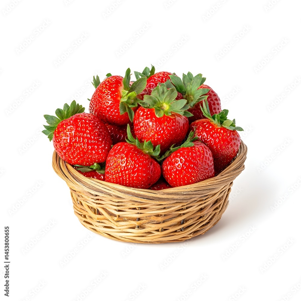 Freshly picked strawberries in a woven basket showcasing vibrant colors and natural textures on a simple white background Freshly picked strawberries in a woven basket showcasing vibrant colors and natural textures on a simple white background