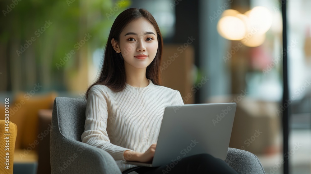 Smiling woman working on a laptop in an office environment, suggesting productivity and professionalism.