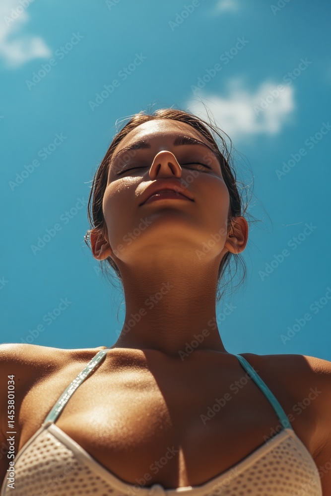 Young woman wearing bikini, enjoying the sunlight with her eyes shut