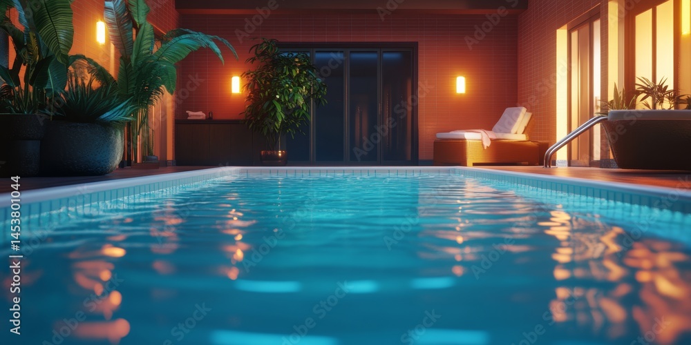 Glowing lights reflect on the shimmering water in an indoor pool after dark.
