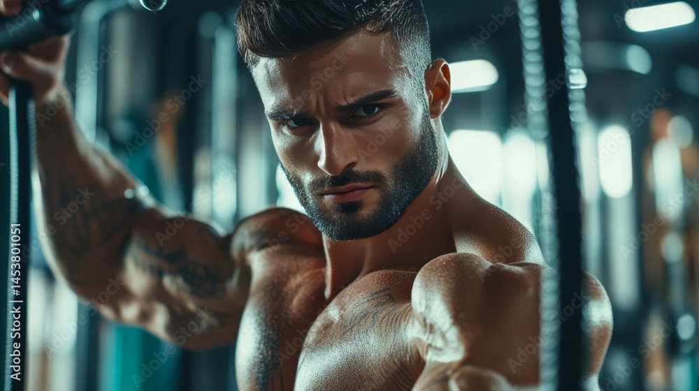 Bearded man in gym, flexing muscles with intensity, focusing on workout. Gym setting with exercise equipment.