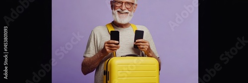 Old man embracing modern technology with a smartphone and tablet.