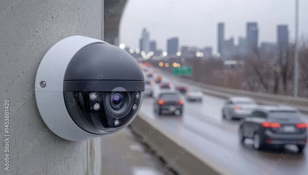 Fototapeta premium Close-Up of Outdoor Security Camera Mounted on Busy Street Overlooking Traffic and People