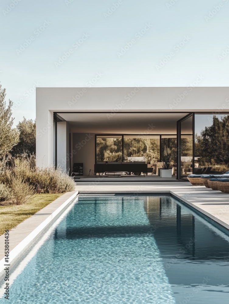 A modern pool house with a contemporary design, featuring glass walls and an outdoor living space perfect for summer relaxation.