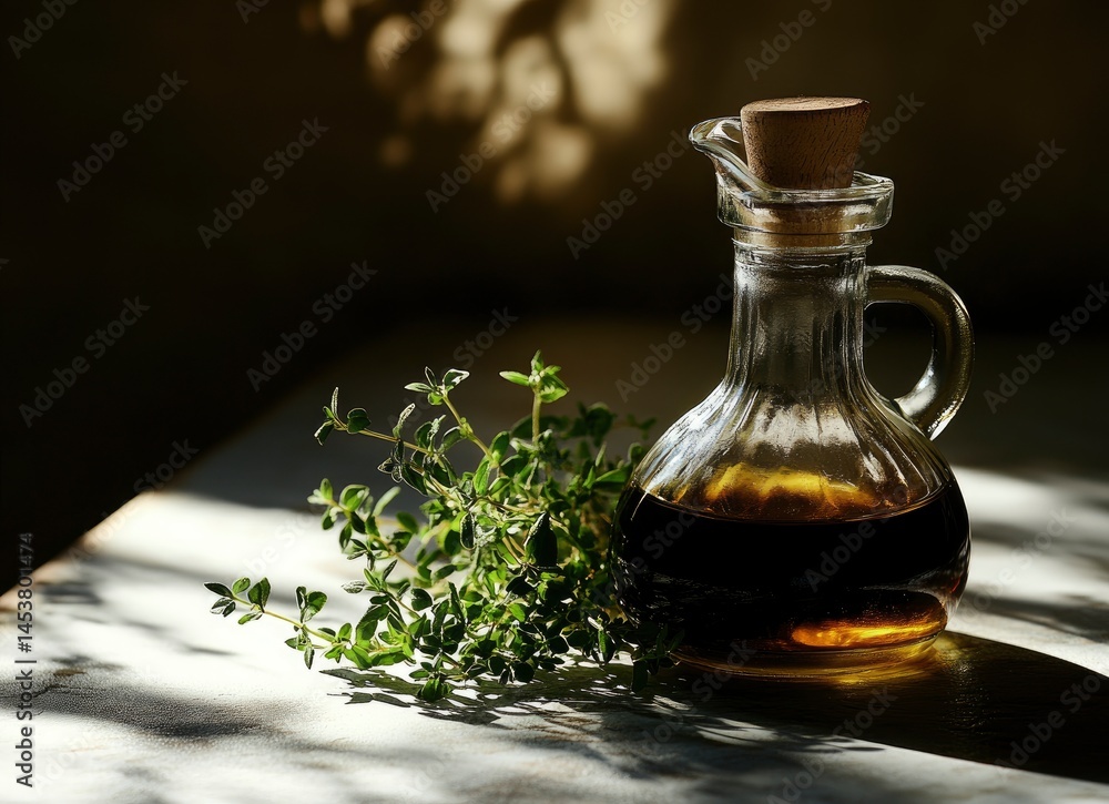 Bottle with Dark Liquid and Thyme Sprig Still Life Bottle with Dark Liquid and Thyme Sprig Still Life