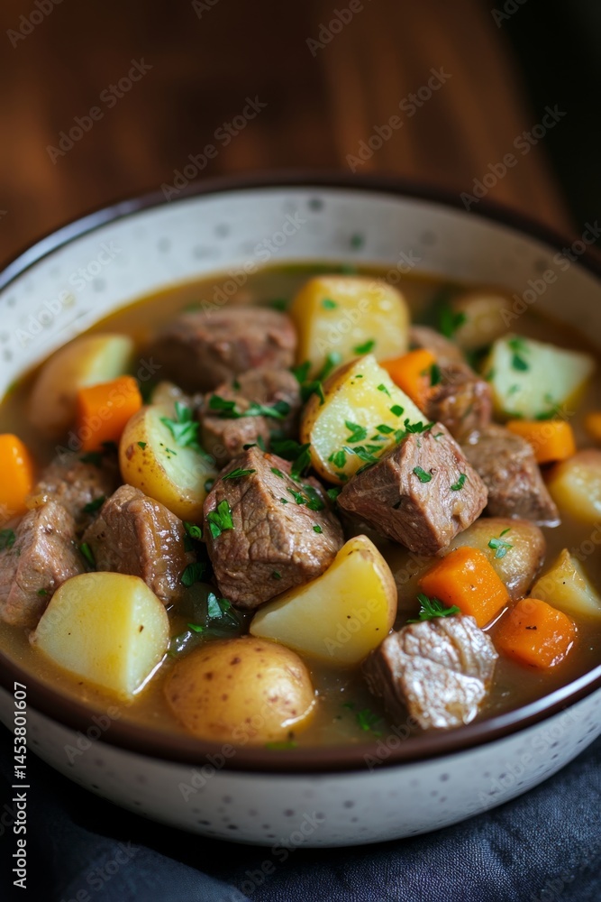 Bowl of tender beef stew with chunks of meat, diced potatoes and carrots simmered together in a flavorful broth.