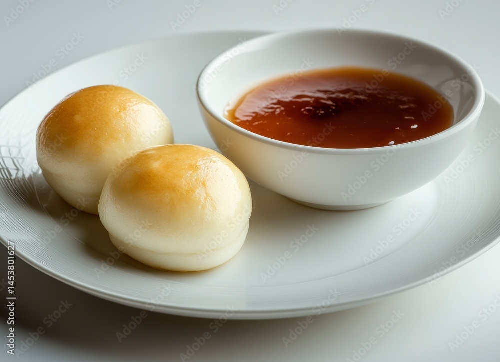 Steamed Bun with Sauce on a White Plate Steamed Bun with Sauce on a White Plate