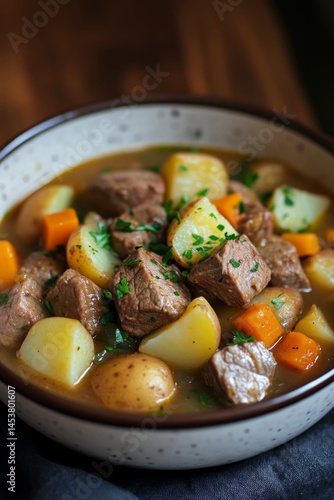 Obraz na płótnie Bowl of tender beef stew with chunks of meat, diced potatoes and carrots simmered together in a flavorful broth. w salonie