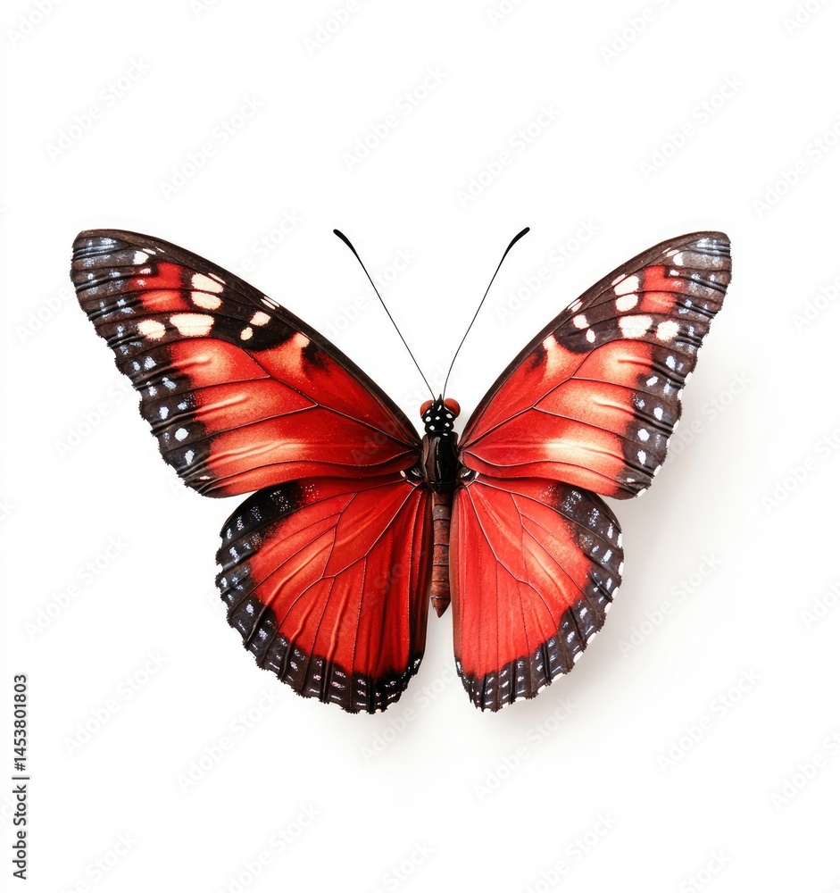 Fototapeta premium Red Butterfly with Patterned Wings on White Background