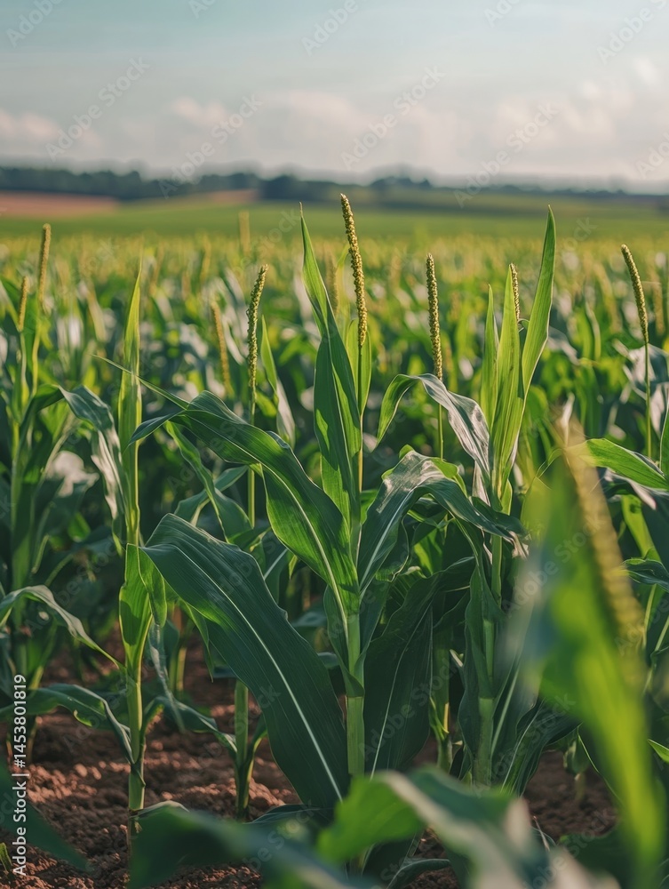 Sunlit morning in cornfield with emerging crop.