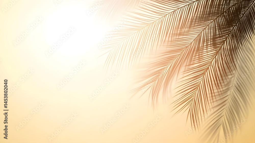 Fototapeta premium Silhouette of tropical leaves against a soft, golden sunset.