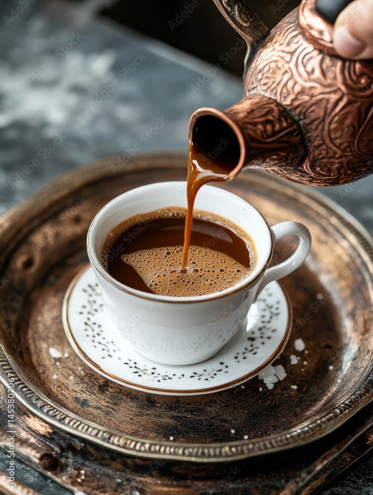 Hand pouring hot coffee from an ornate copper teapot into a white porcelain cup, with sugar on the saucer.