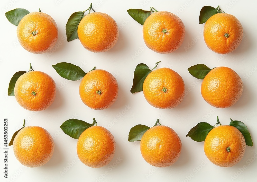 Bright oranges arranged in a neat pattern with green leaves on a white background, showcasing freshness and vibrant color Bright oranges arranged in a neat pattern with green leaves on a white background, showcasing freshness and vibrant color