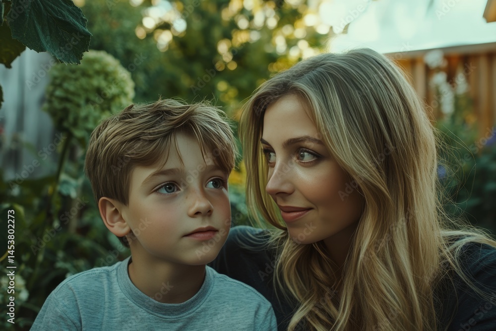 Mother and young son sharing a quiet moment in an outdoor garden. The focus is on the tender connection between them.