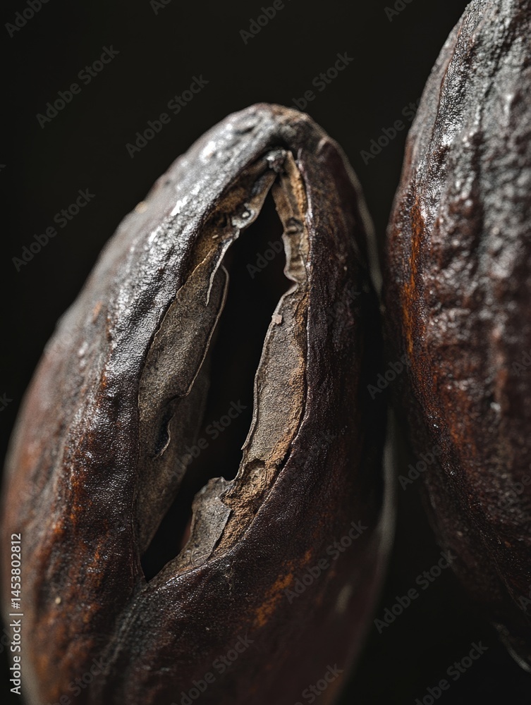 Dried, cracked open cocoa pods revealing their contents. A natural and raw material used for making fine chocolate.
