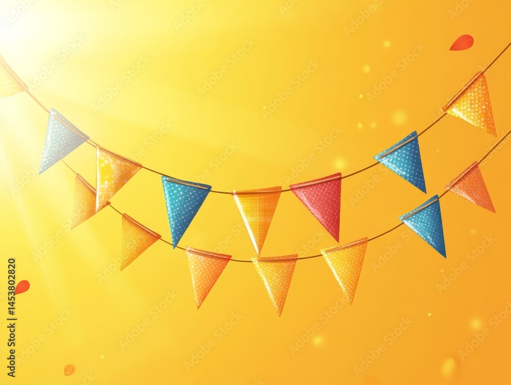 Banner with multicolored flags and ribbons hanging on string, illuminated by warm sunlight in the background.