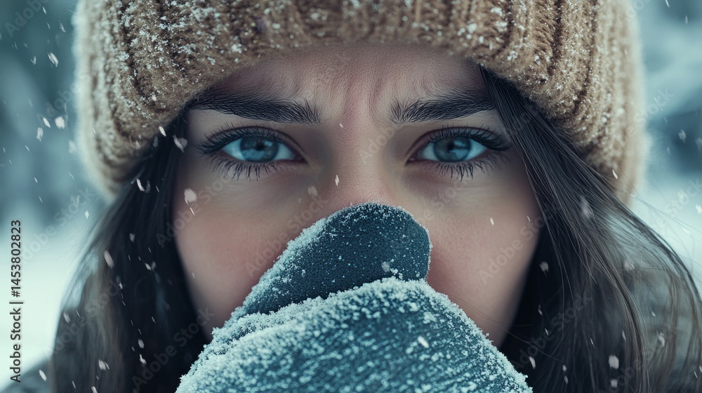 A woman smiling through the snow, looking into the camera with bright eyes. She's wearing winter clothes and enjoying the cold weather.