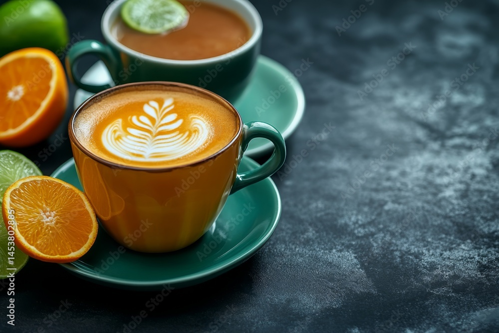 Close-up shot of two glass cups filled with iced coffee, one topped with latte art, both garnished with orange slices.
