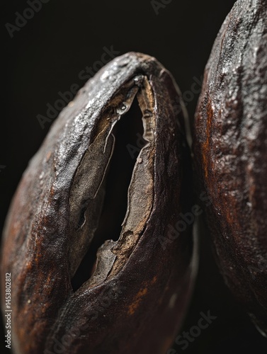 Obraz na płótnie Dried, cracked open cocoa pods revealing their contents. A natural and raw material used for making fine chocolate. w salonie