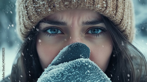 Obraz na płótnie A woman smiling through the snow, looking into the camera with bright eyes. She's wearing winter clothes and enjoying the cold weather. w salonie