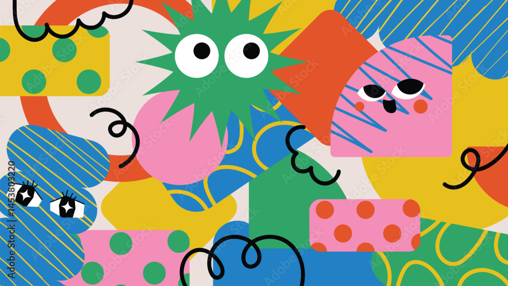 Fototapeta premium Kids and children background vector. Fun Childish hand drawn doodle design. Playful cartoon design for packaging design, wallpaper and print.