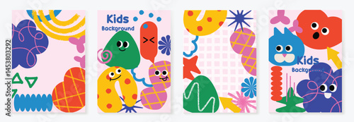 Kids and children cover design vector. Fun Childish hand drawn doodle design background. Playful poster  design for packaging, wallpaper and print.