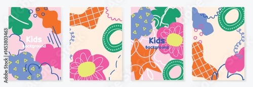 Kids and children cover design vector. Fun Childish hand drawn doodle design background. Playful poster  design for packaging, wallpaper and print.