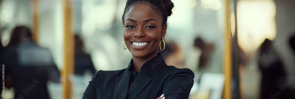 Professional woman with a confident smile, in an office environment, conveying success and leadership.